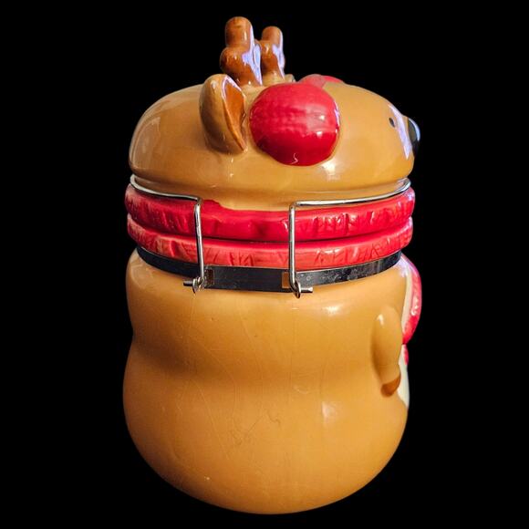 Christmas Reindeer Ceramic Canister Jar Red Scarf Airtight Holiday Kitchen Decor - Picture 4 of 7
